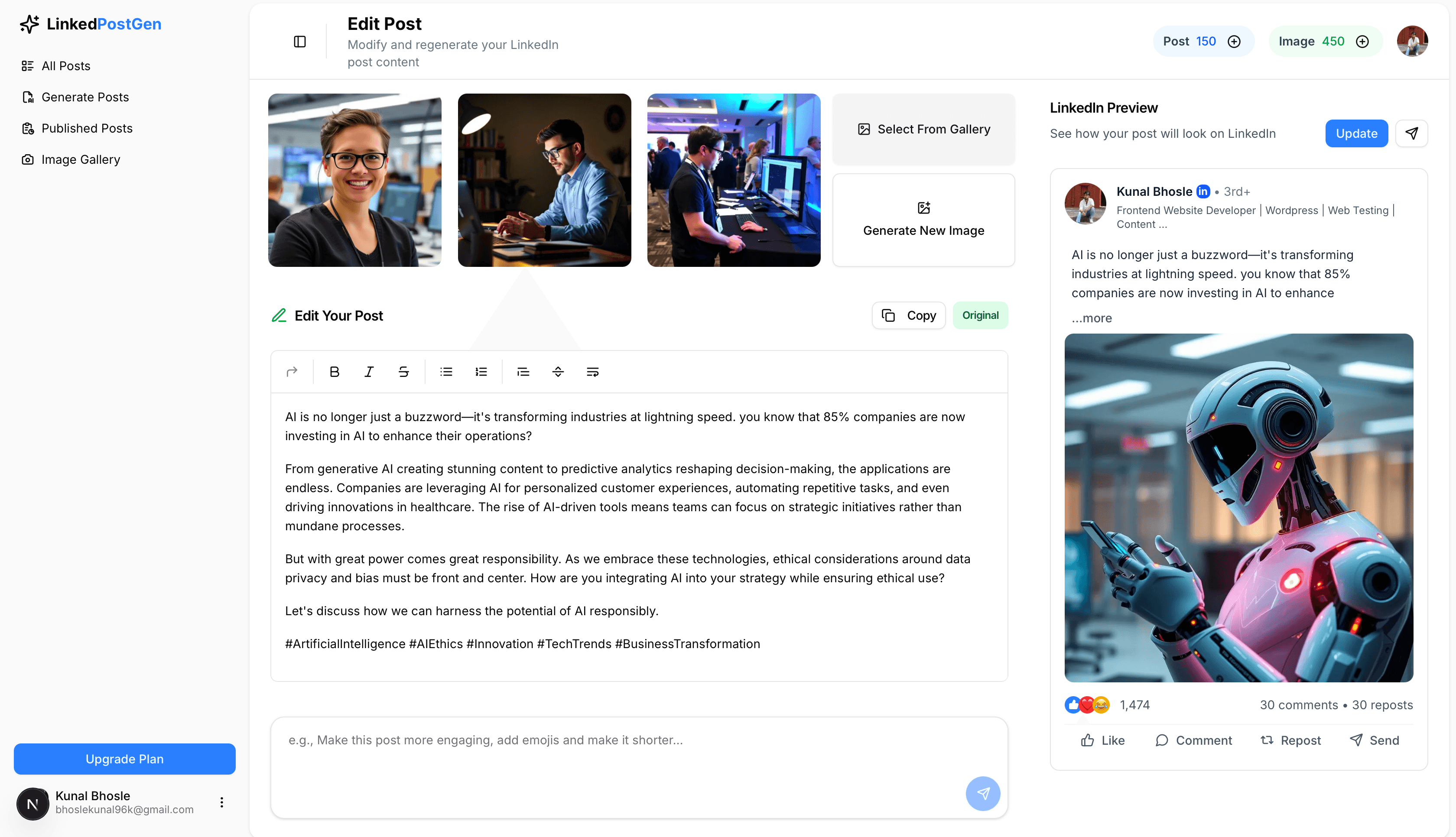 LinkedIn Post Generator Application Interface - Light Mode
